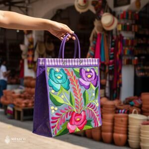 One Side Embroidered Mexican Mercado Tote Bag – Plastic Woven Market Style